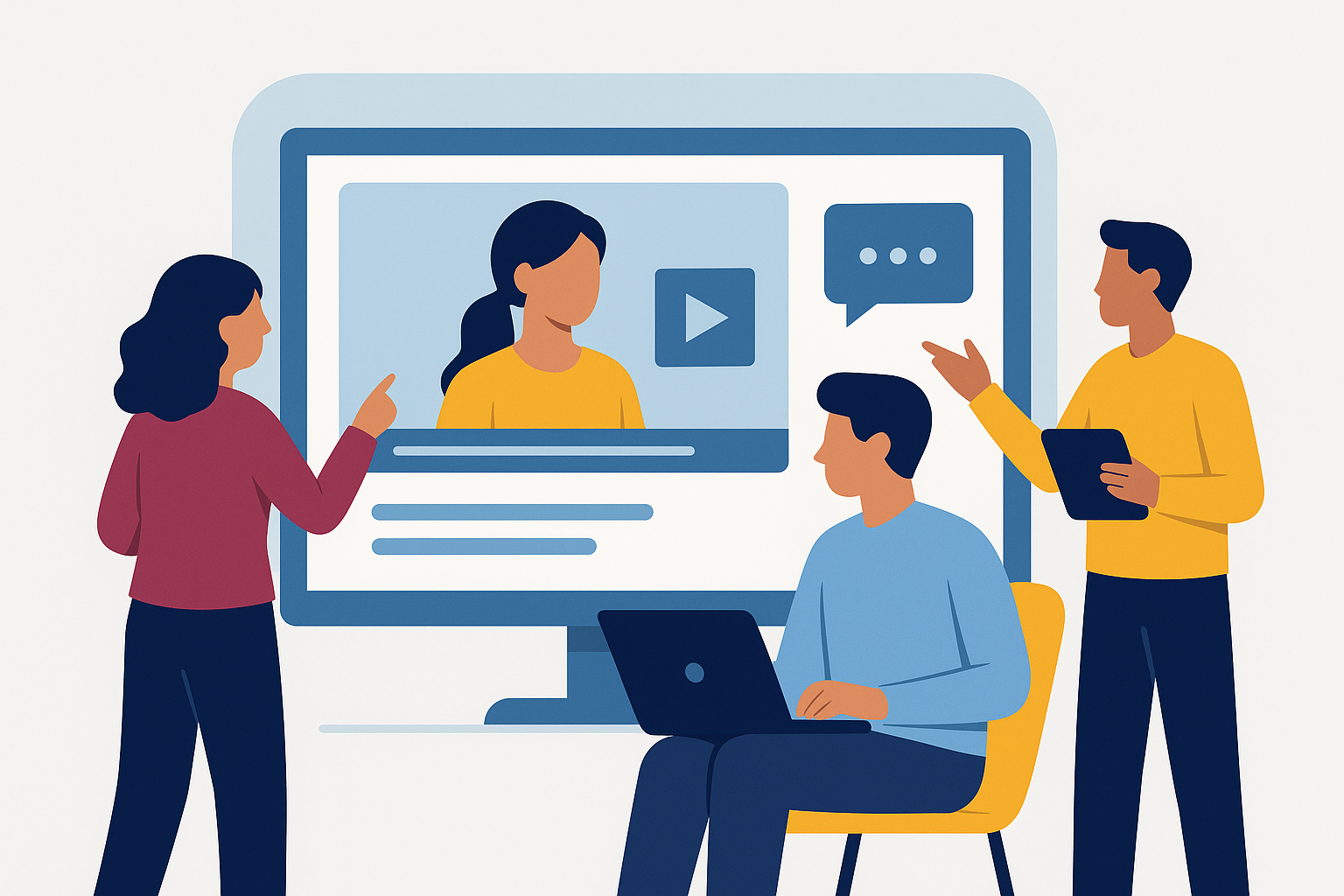 students standing around a big screen with laptops